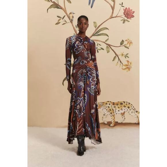 FARM RIO Brown Delicate Garden Long Sleeve Maxi Dress Sz MEDIUM M - Picture 1 of 8